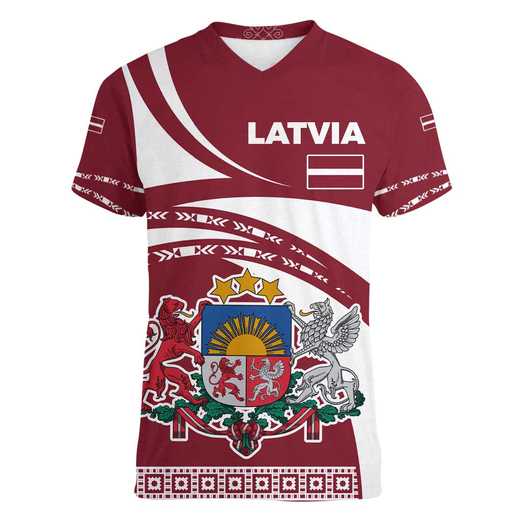 Latvia Women V-Neck T-Shirt with National Coat of Arms and Traditional Folk Patterns