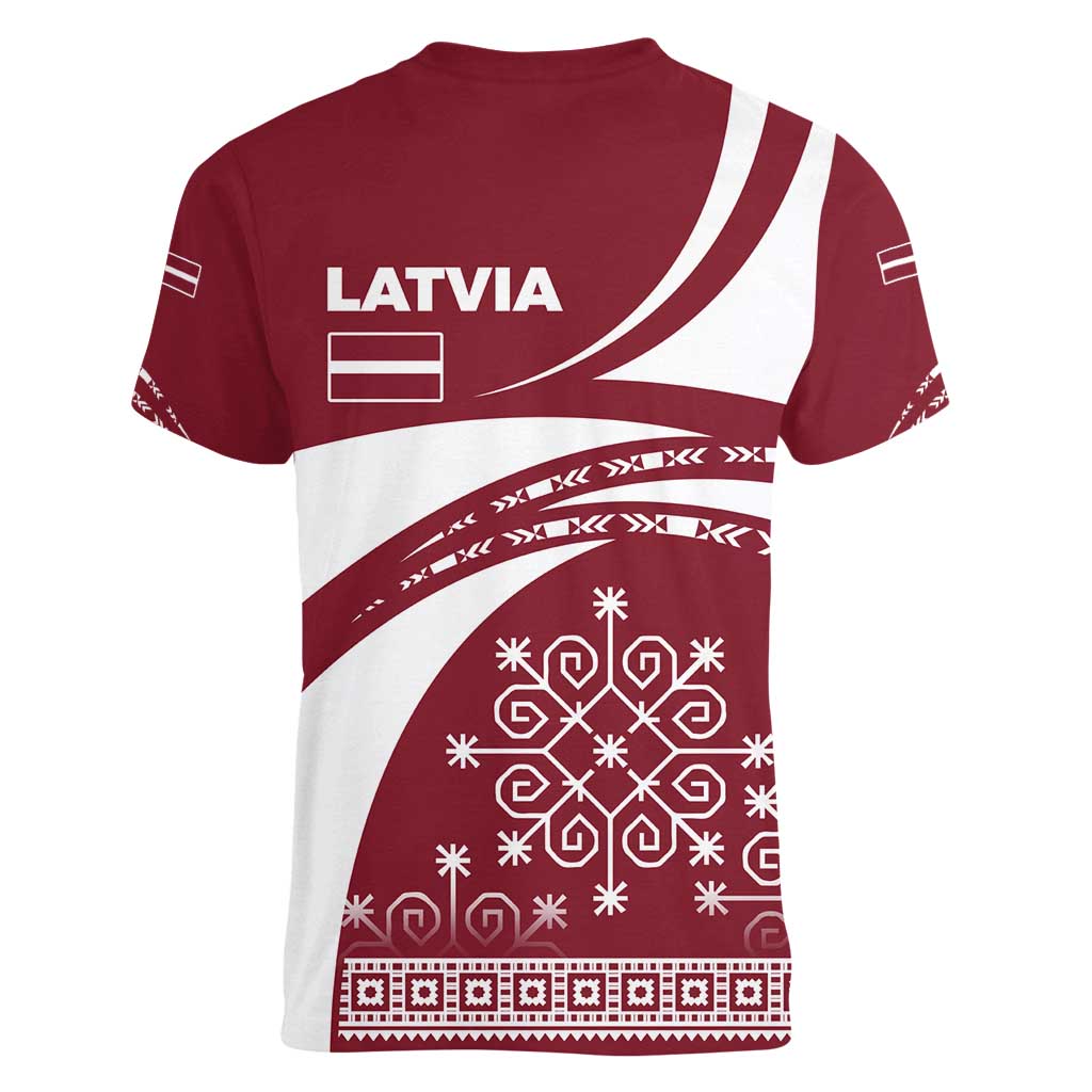 Latvia Women V-Neck T-Shirt with National Coat of Arms and Traditional Folk Patterns