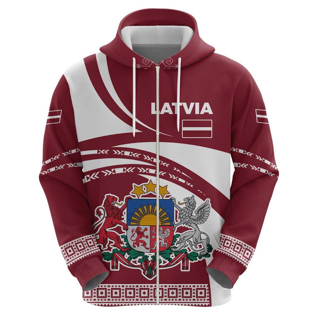 Latvia Zip Hoodie with National Coat of Arms and Traditional Folk Patterns