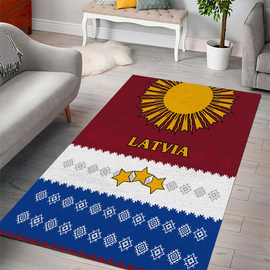 Latvia Area Rug with Three Stars Design and Traditional Pattern Details