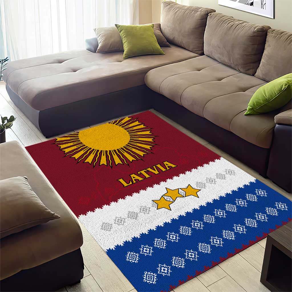 Latvia Area Rug with Three Stars Design and Traditional Pattern Details