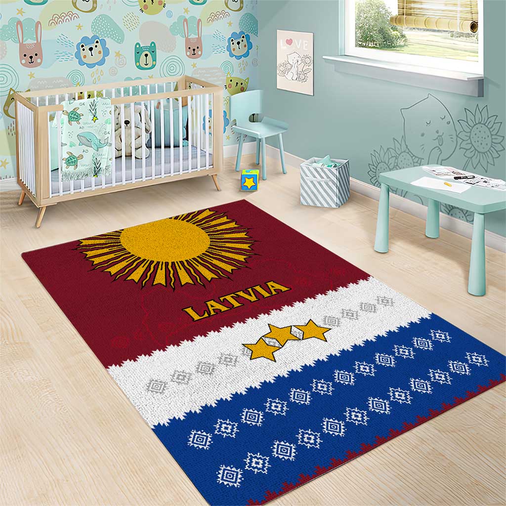 Latvia Area Rug with Three Stars Design and Traditional Pattern Details
