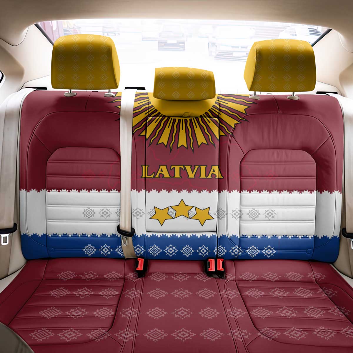 Latvia Back Car Seat Cover with Three Stars Design and Traditional Pattern Details