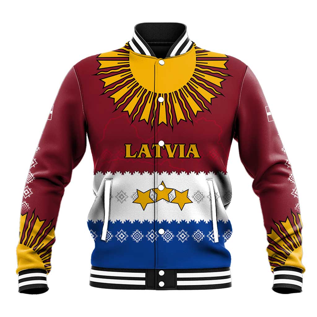 Latvia Baseball Jacket with Three Stars Design and Traditional Pattern Details