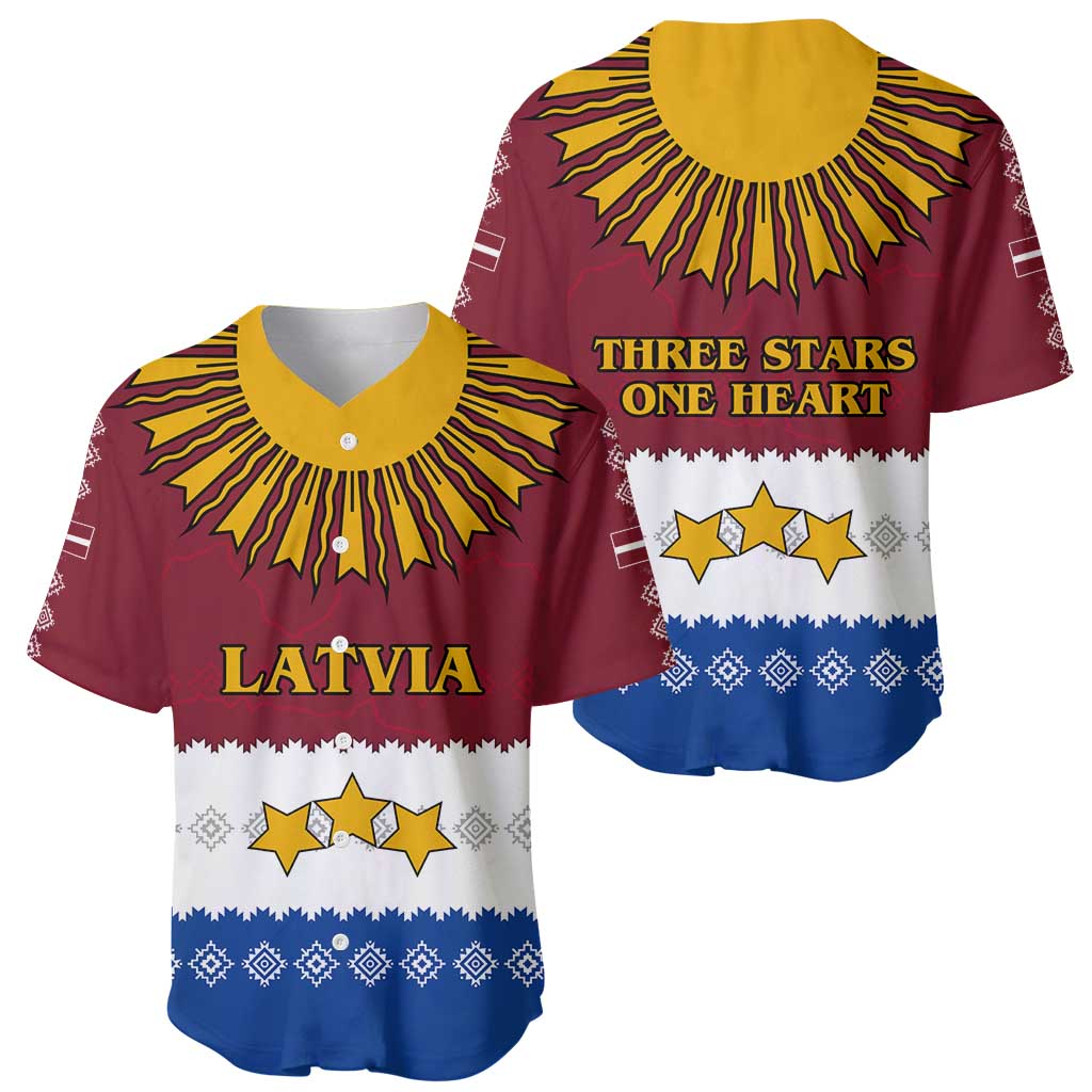 Latvia Baseball Jersey with Three Stars Design and Traditional Pattern Details
