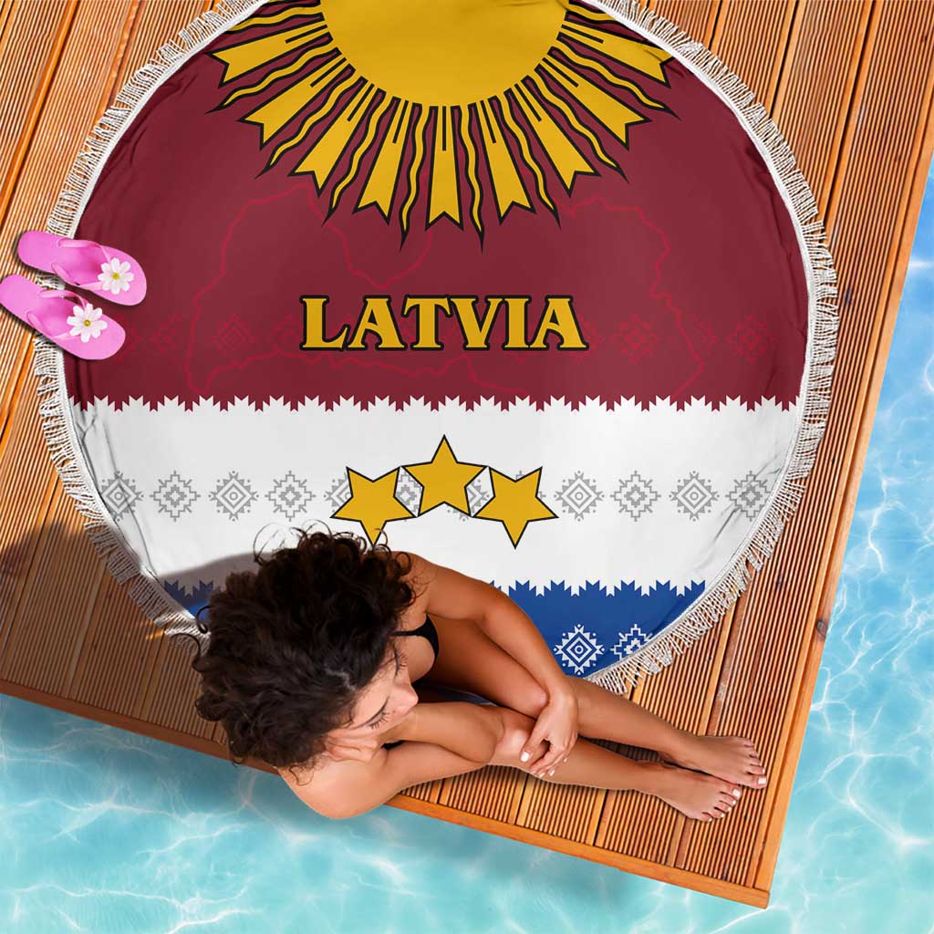 Latvia Beach Blanket with Three Stars Design and Traditional Pattern Details