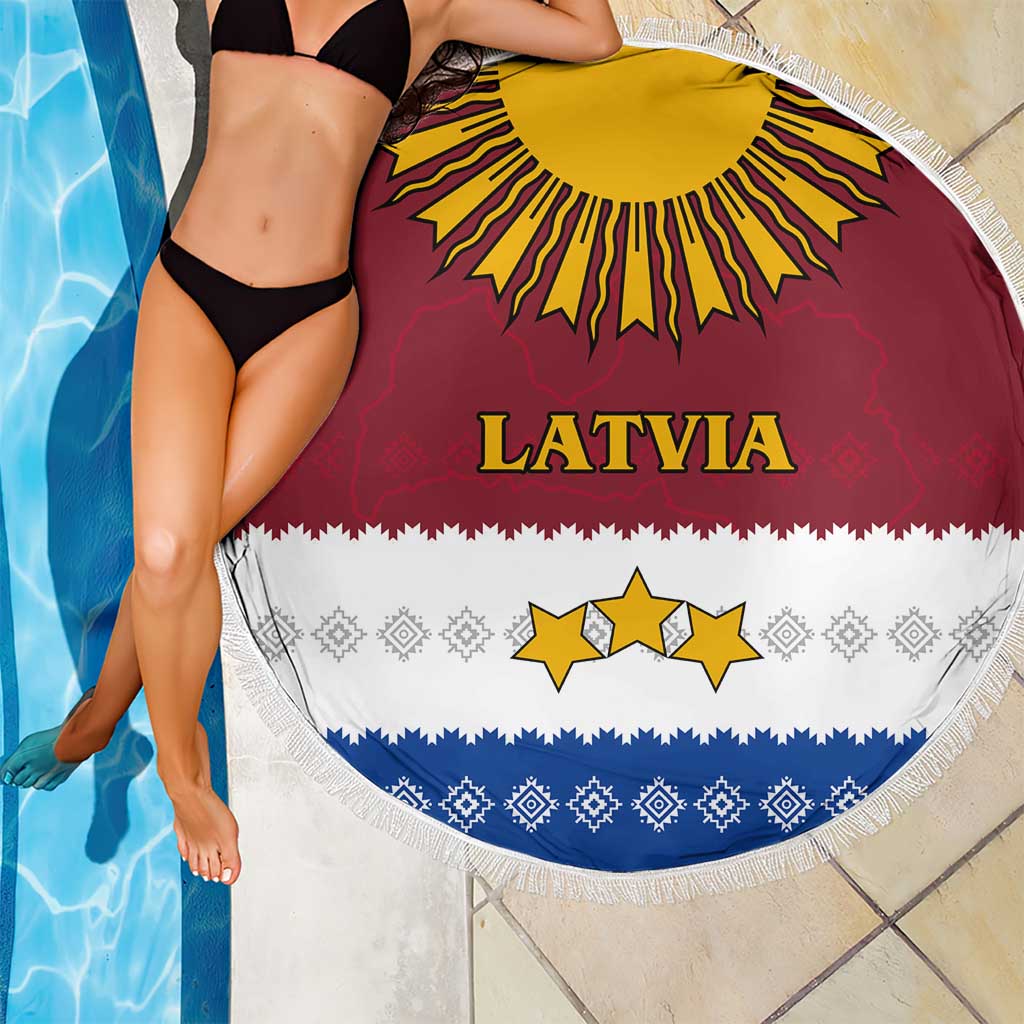Latvia Beach Blanket with Three Stars Design and Traditional Pattern Details