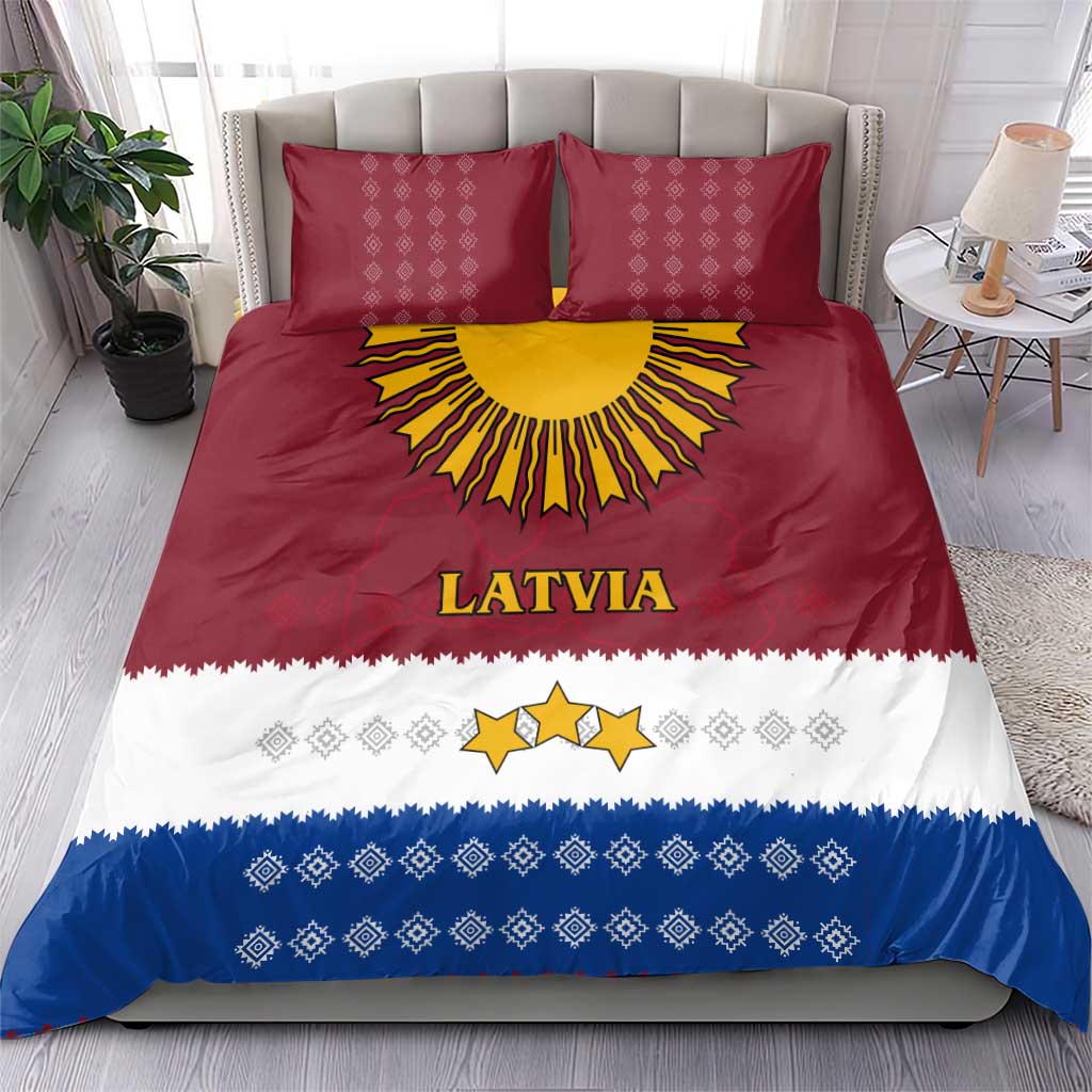 Latvia Bedding Set with Three Stars Design and Traditional Pattern Details