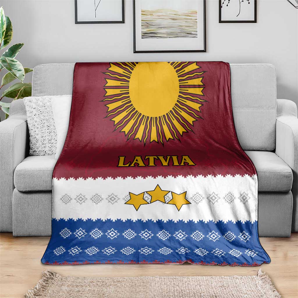 Latvia Blanket with Three Stars Design and Traditional Pattern Details