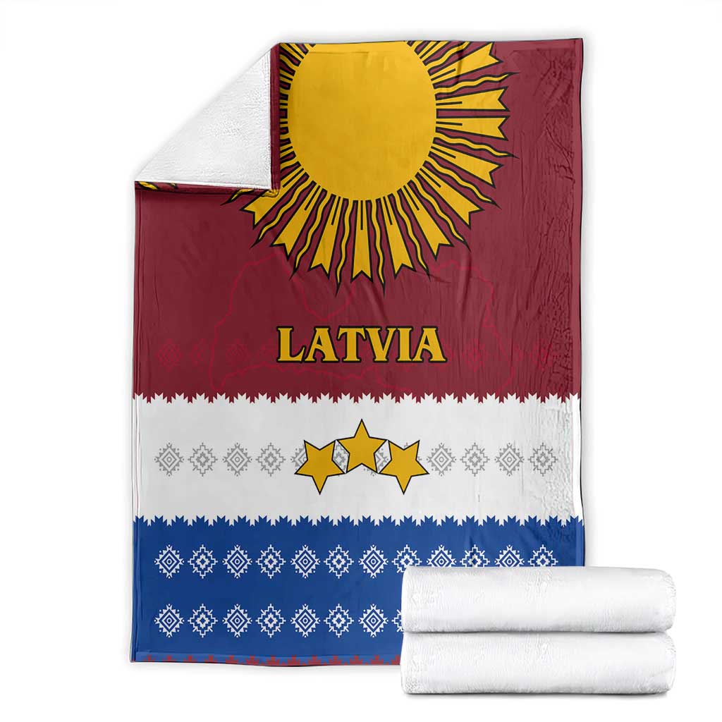 Latvia Blanket with Three Stars Design and Traditional Pattern Details