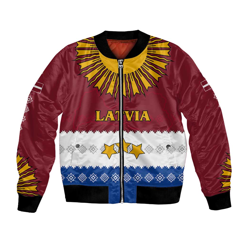 Latvia Bomber Jacket with Three Stars Design and Traditional Pattern Details