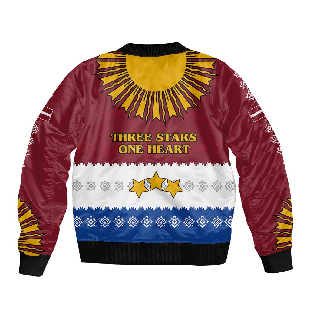Latvia Bomber Jacket with Three Stars Design and Traditional Pattern Details