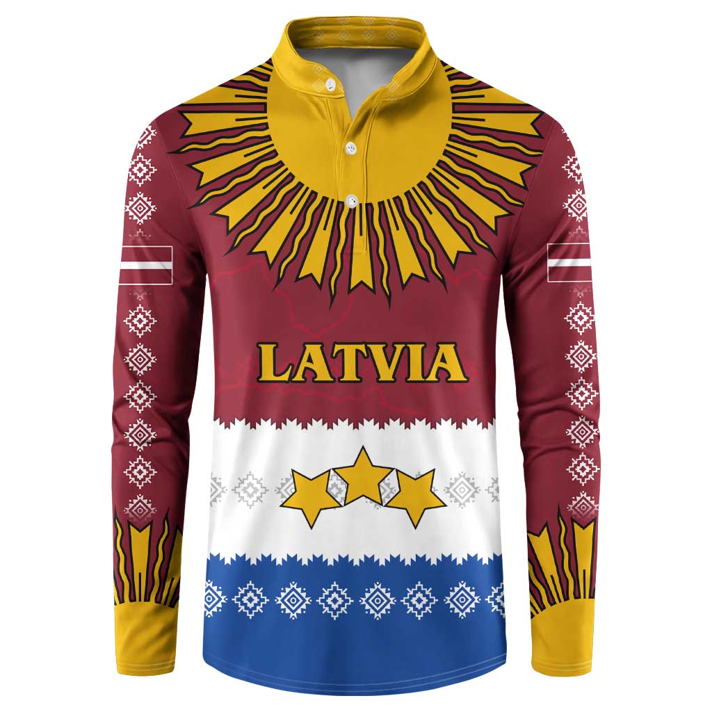 Latvia Button Sweatshirt with Three Stars Design and Traditional Pattern Details
