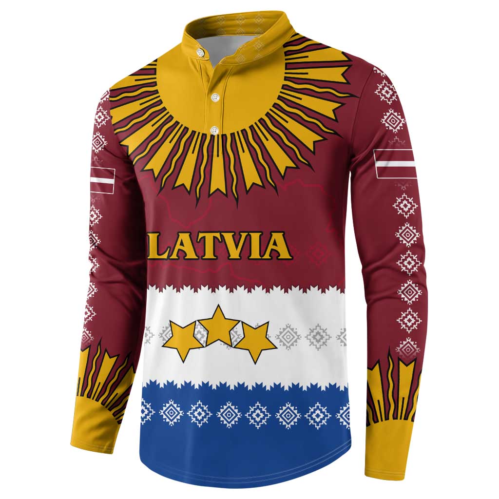 Latvia Button Sweatshirt with Three Stars Design and Traditional Pattern Details