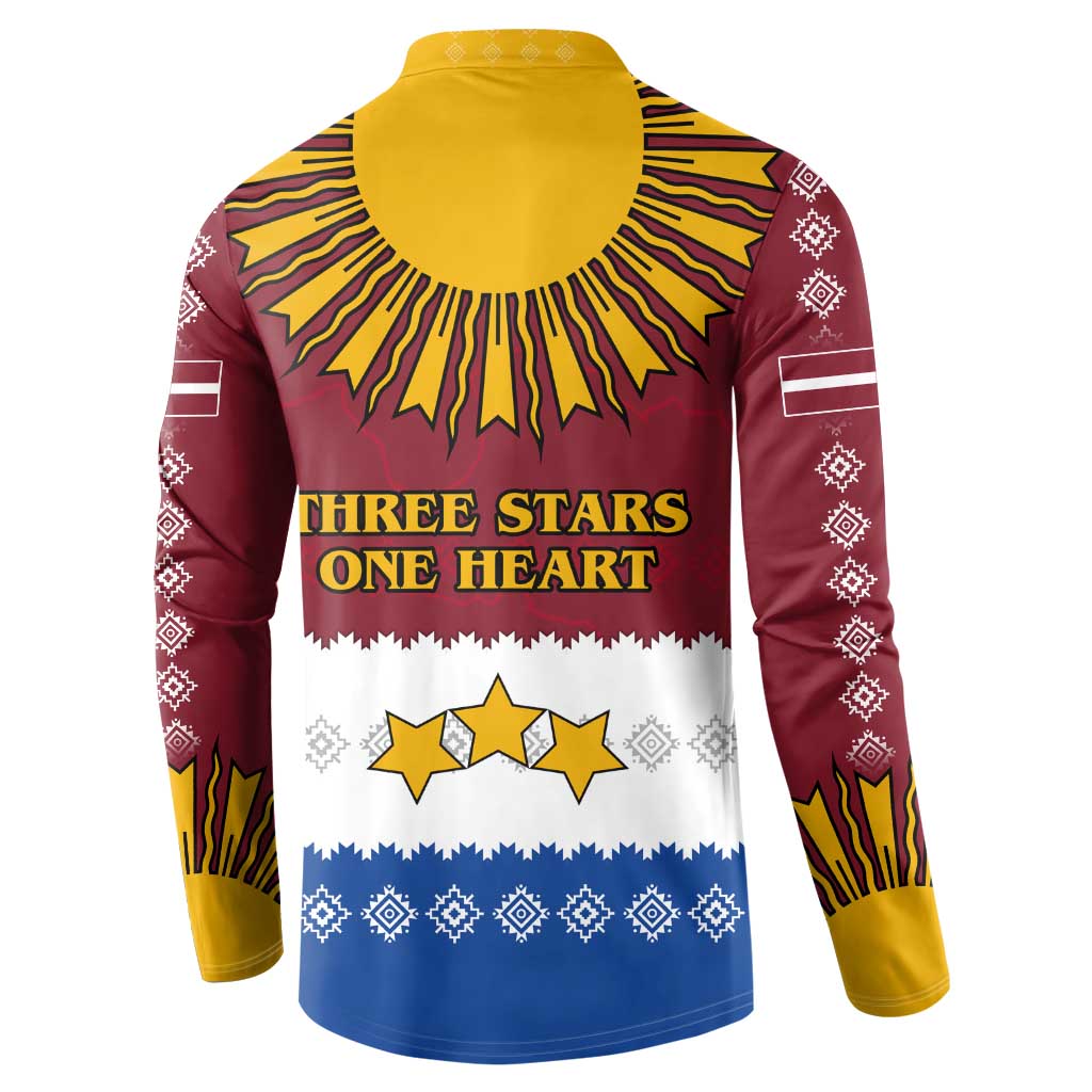 Latvia Button Sweatshirt with Three Stars Design and Traditional Pattern Details