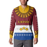 Latvia Button Sweatshirt with Three Stars Design and Traditional Pattern Details