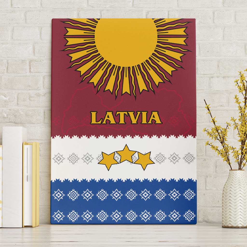 Latvia Canvas Wall Art with Three Stars Design and Traditional Pattern Details