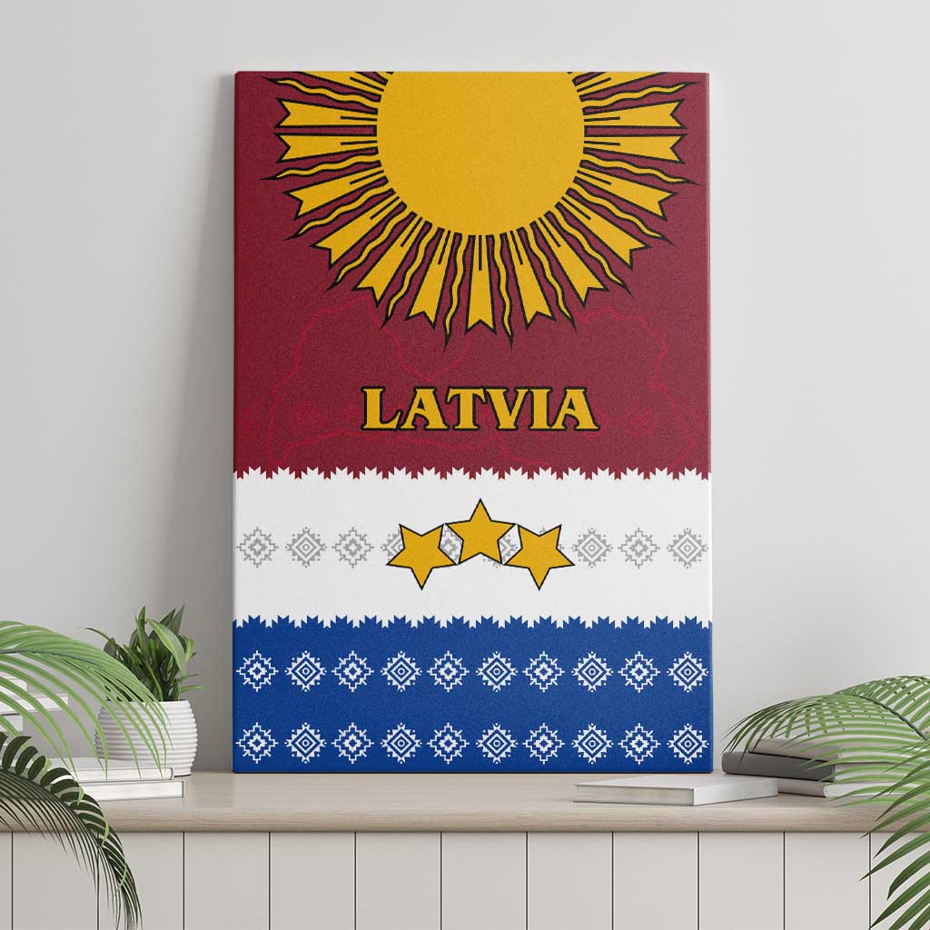 Latvia Canvas Wall Art with Three Stars Design and Traditional Pattern Details