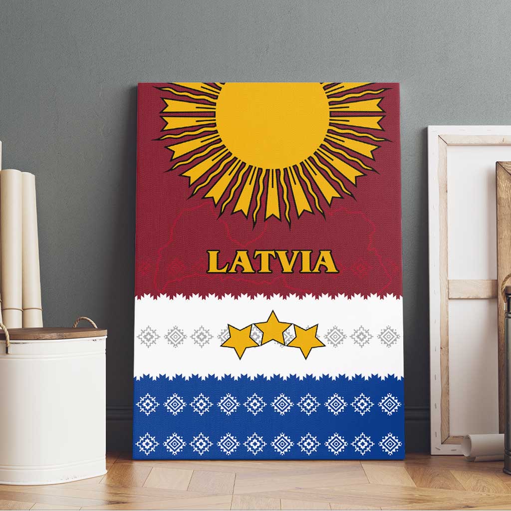 Latvia Canvas Wall Art with Three Stars Design and Traditional Pattern Details