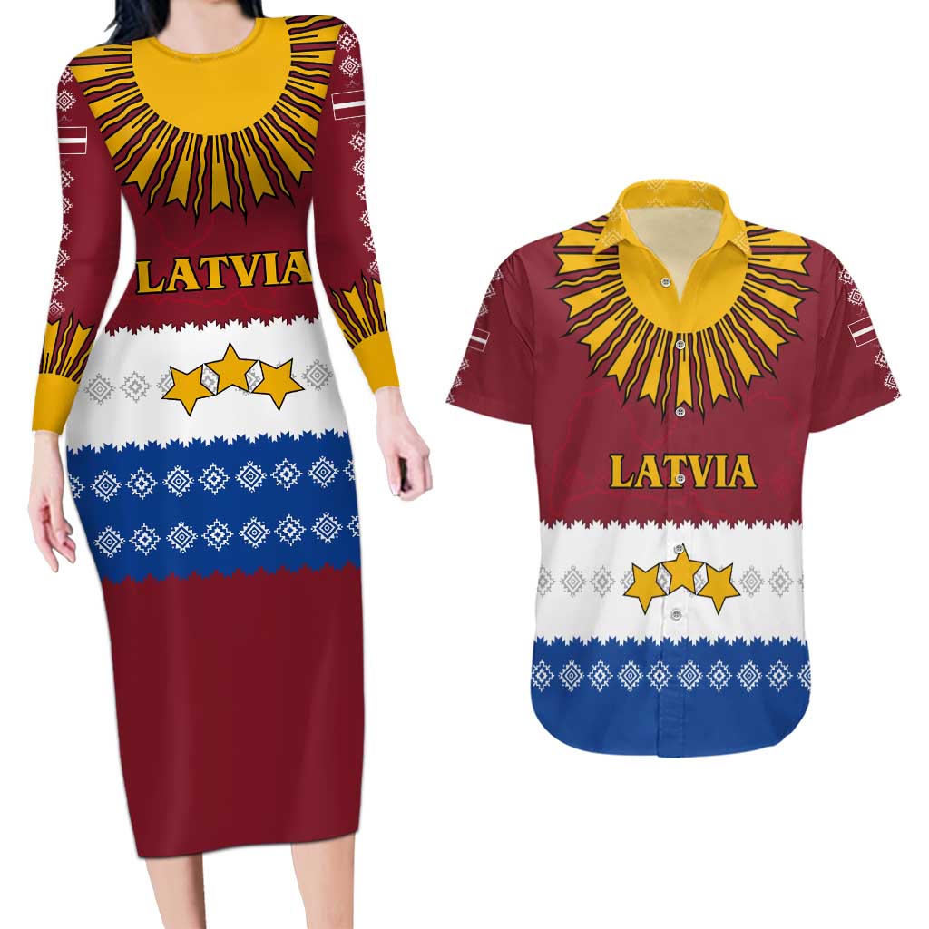 Latvia Couples Matching Long Sleeve Bodycon Dress and Hawaiian Shirt with Three Stars Design and Traditional Pattern Details
