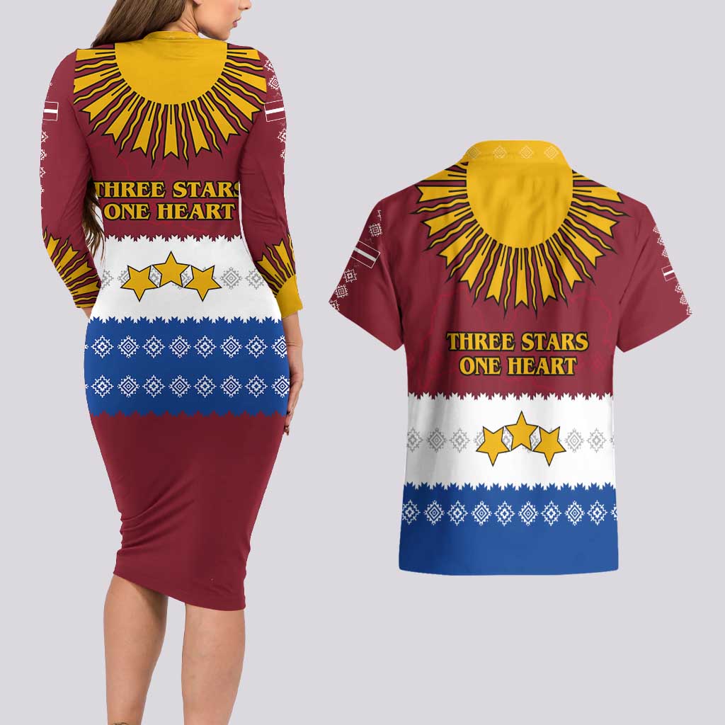 Latvia Couples Matching Long Sleeve Bodycon Dress and Hawaiian Shirt with Three Stars Design and Traditional Pattern Details