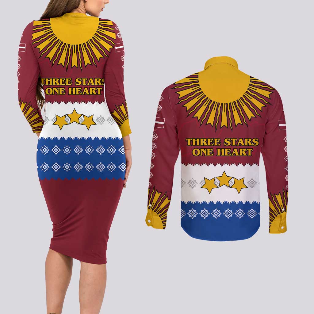 Latvia Couples Matching Long Sleeve Bodycon Dress and Long Sleeve Button Shirt with Three Stars Design and Traditional Pattern Details