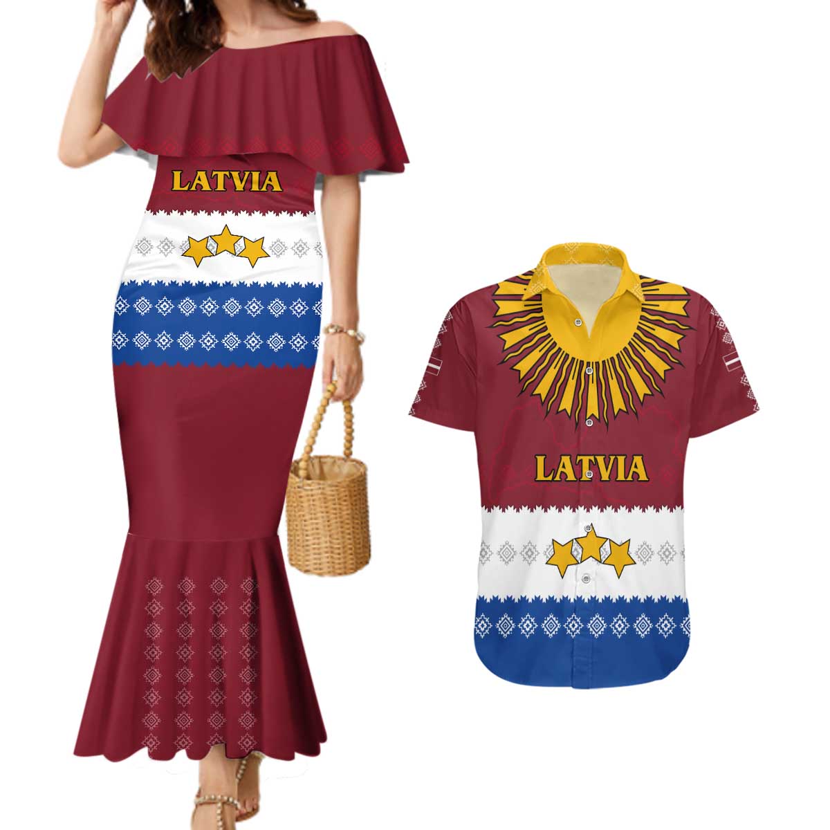 Latvia Couples Matching Mermaid Dress and Hawaiian Shirt with Three Stars Design and Traditional Pattern Details