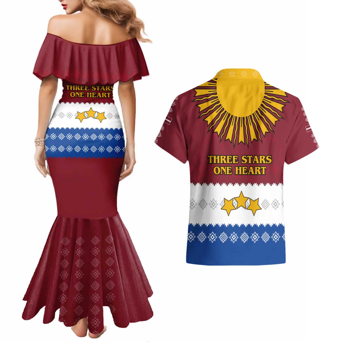 Latvia Couples Matching Mermaid Dress and Hawaiian Shirt with Three Stars Design and Traditional Pattern Details