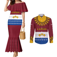 Latvia Couples Matching Mermaid Dress and Long Sleeve Button Shirt with Three Stars Design and Traditional Pattern Details