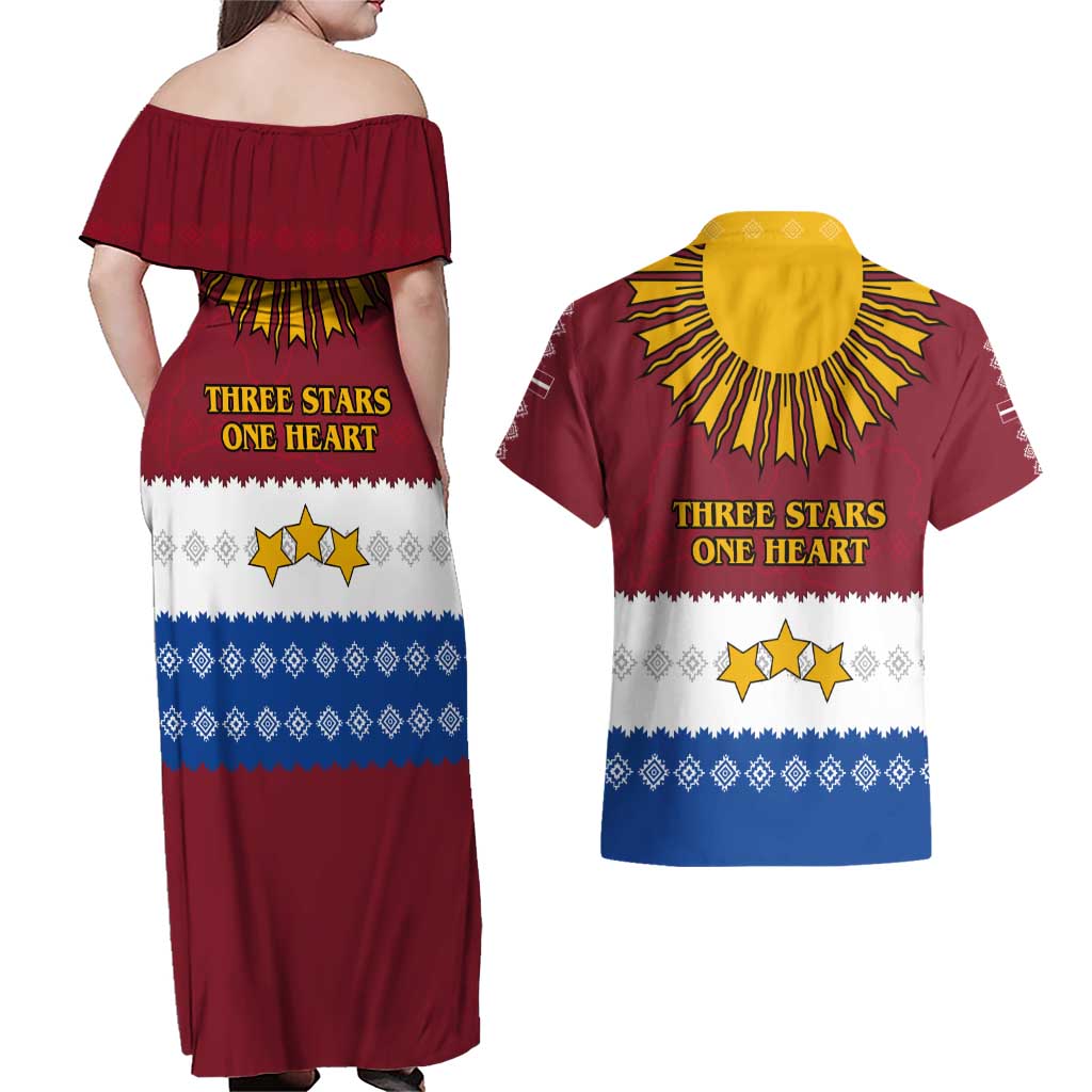 Latvia Couples Matching Off Shoulder Maxi Dress and Hawaiian Shirt with Three Stars Design and Traditional Pattern Details
