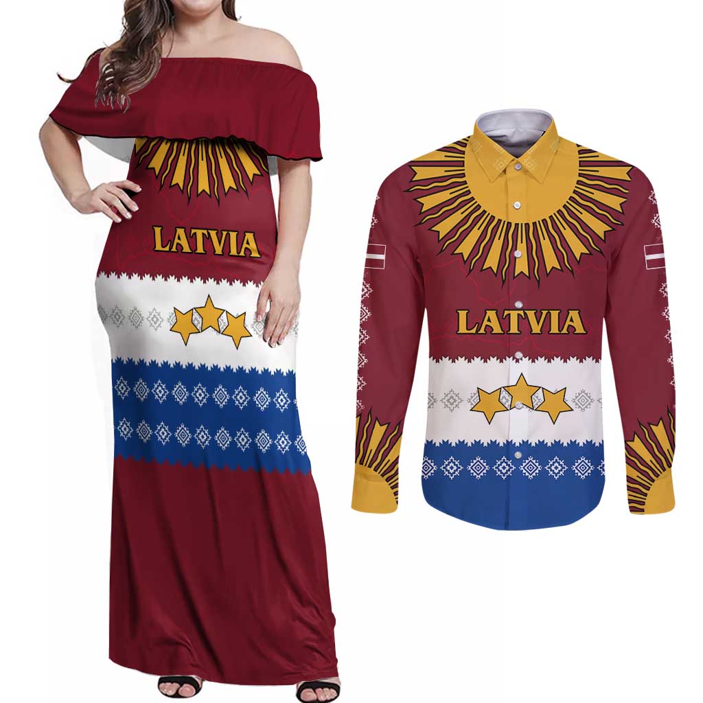 Latvia Couples Matching Off Shoulder Maxi Dress and Long Sleeve Button Shirt with Three Stars Design and Traditional Pattern Details