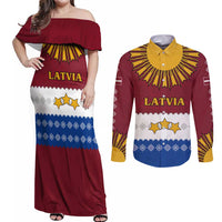 Latvia Couples Matching Off Shoulder Maxi Dress and Long Sleeve Button Shirt with Three Stars Design and Traditional Pattern Details