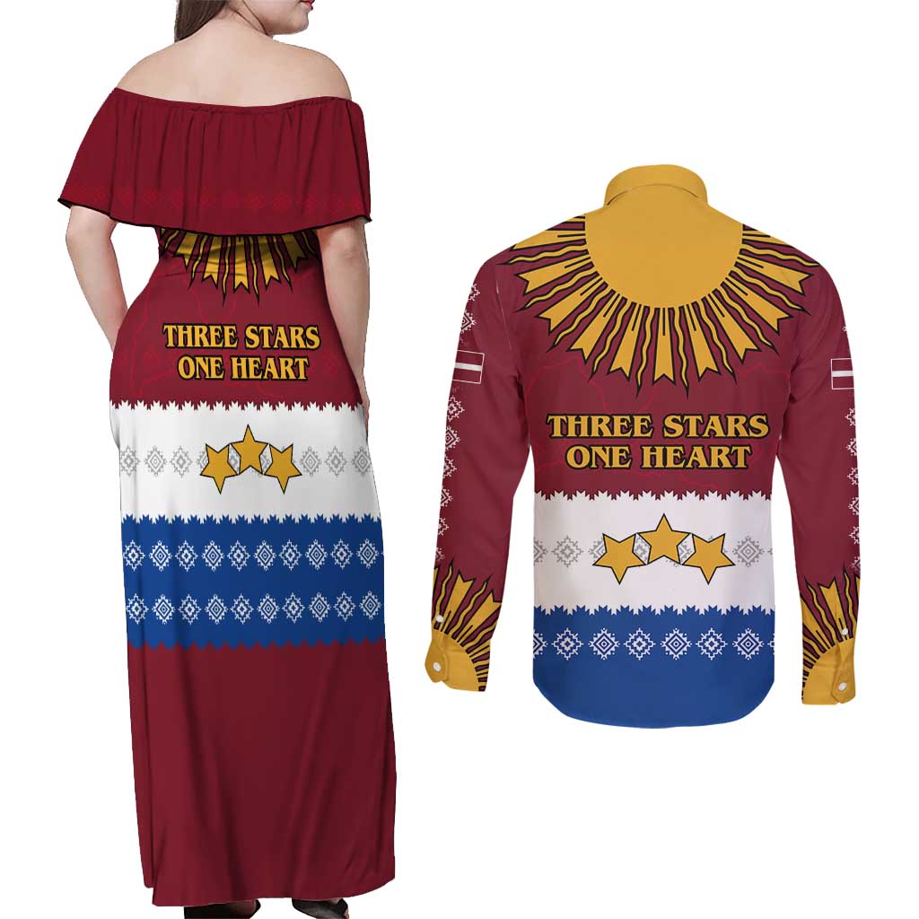 Latvia Couples Matching Off Shoulder Maxi Dress and Long Sleeve Button Shirt with Three Stars Design and Traditional Pattern Details