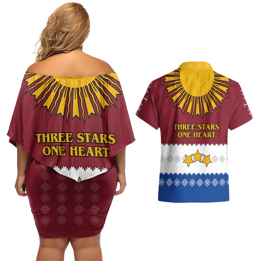 Latvia Couples Matching Off Shoulder Short Dress and Hawaiian Shirt with Three Stars Design and Traditional Pattern Details