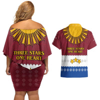 Latvia Couples Matching Off Shoulder Short Dress and Hawaiian Shirt with Three Stars Design and Traditional Pattern Details