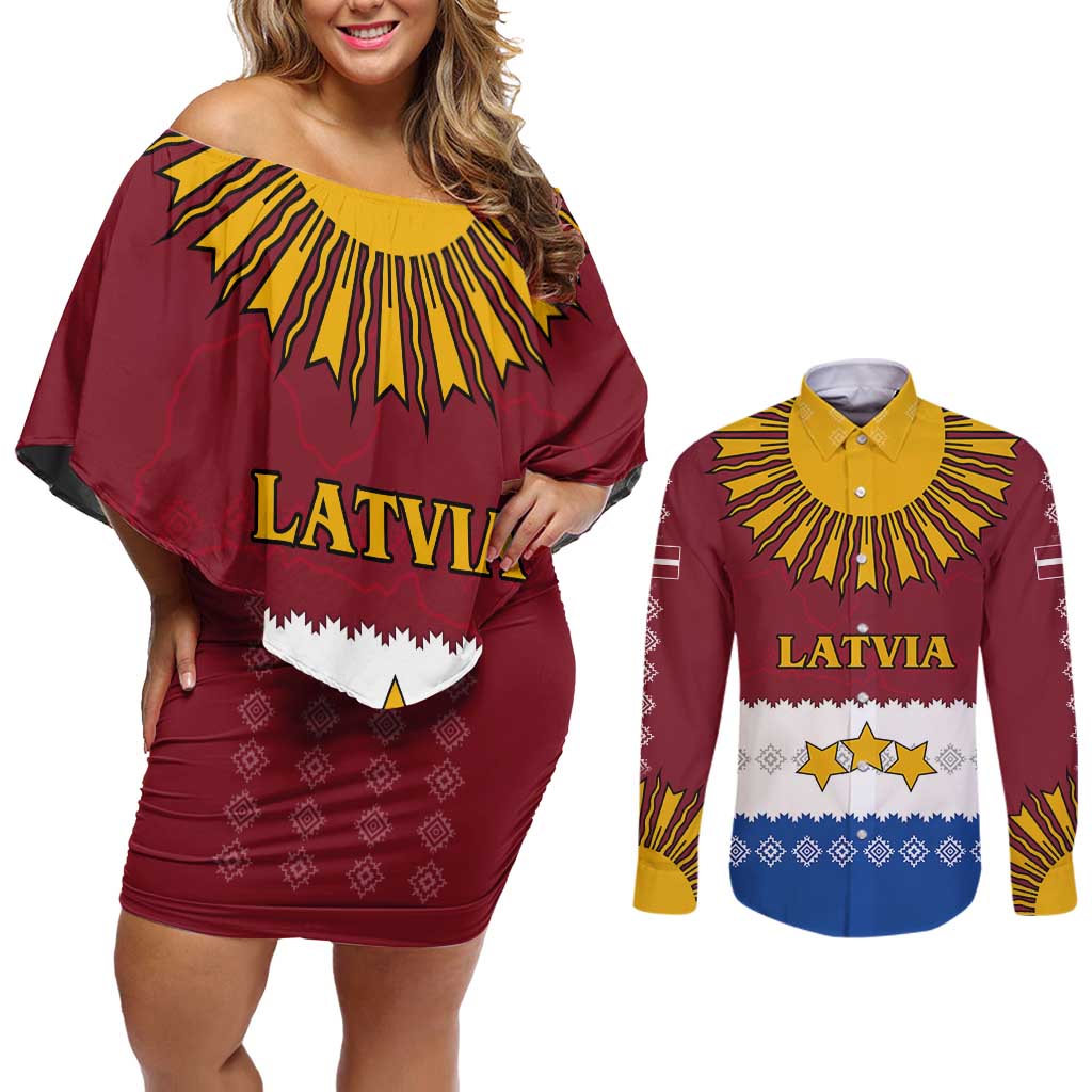 Latvia Couples Matching Off Shoulder Short Dress and Long Sleeve Button Shirt with Three Stars Design and Traditional Pattern Details