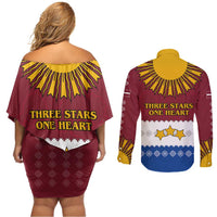 Latvia Couples Matching Off Shoulder Short Dress and Long Sleeve Button Shirt with Three Stars Design and Traditional Pattern Details