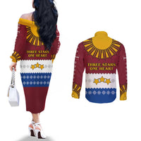 Latvia Couples Matching Off The Shoulder Long Sleeve Dress and Long Sleeve Button Shirt with Three Stars Design and Traditional Pattern Details