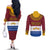 Latvia Couples Matching Off The Shoulder Long Sleeve Dress and Long Sleeve Button Shirt with Three Stars Design and Traditional Pattern Details