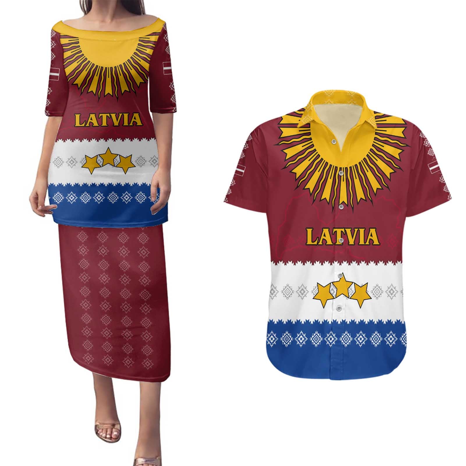 Latvia Couples Matching Puletasi and Hawaiian Shirt with Three Stars Design and Traditional Pattern Details