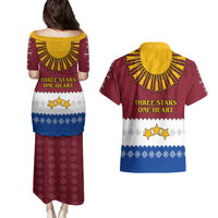 Latvia Couples Matching Puletasi and Hawaiian Shirt with Three Stars Design and Traditional Pattern Details