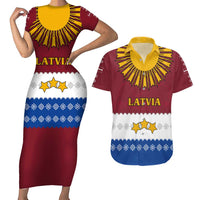 Latvia Couples Matching Short Sleeve Bodycon Dress and Hawaiian Shirt with Three Stars Design and Traditional Pattern Details