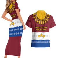 Latvia Couples Matching Short Sleeve Bodycon Dress and Hawaiian Shirt with Three Stars Design and Traditional Pattern Details