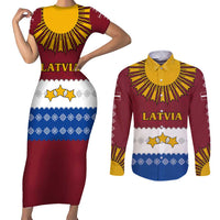 Latvia Couples Matching Short Sleeve Bodycon Dress and Long Sleeve Button Shirt with Three Stars Design and Traditional Pattern Details