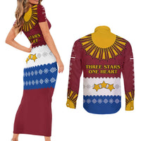 Latvia Couples Matching Short Sleeve Bodycon Dress and Long Sleeve Button Shirt with Three Stars Design and Traditional Pattern Details