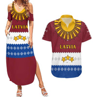 Latvia Couples Matching Summer Maxi Dress and Hawaiian Shirt with Three Stars Design and Traditional Pattern Details