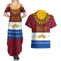 Latvia Couples Matching Summer Maxi Dress and Hawaiian Shirt with Three Stars Design and Traditional Pattern Details