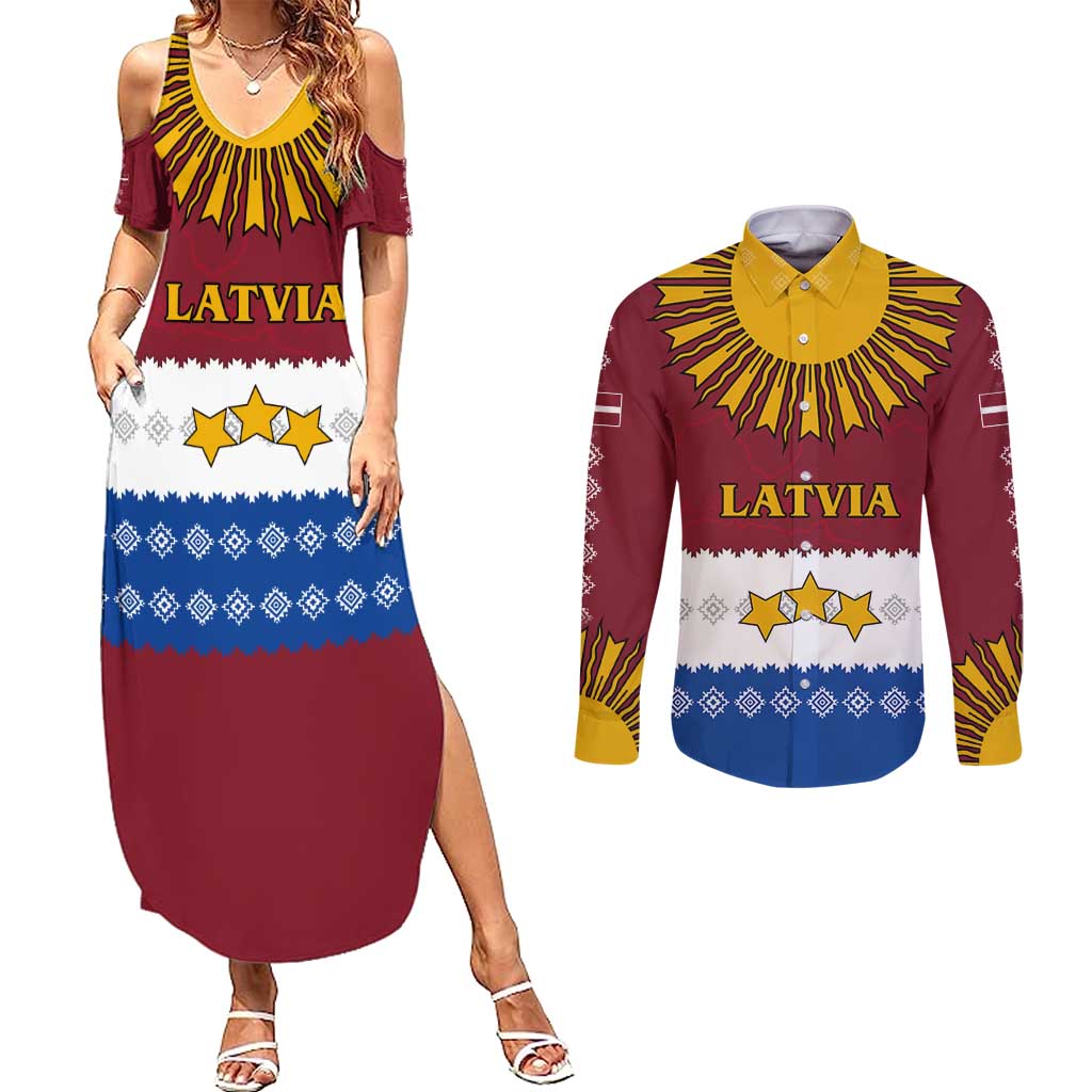 Latvia Couples Matching Summer Maxi Dress and Long Sleeve Button Shirt with Three Stars Design and Traditional Pattern Details