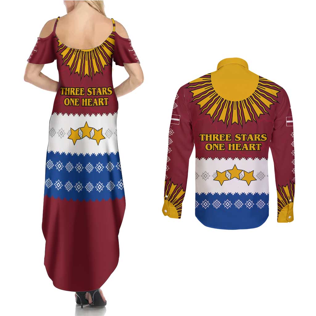 Latvia Couples Matching Summer Maxi Dress and Long Sleeve Button Shirt with Three Stars Design and Traditional Pattern Details