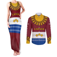 Latvia Couples Matching Tank Maxi Dress and Long Sleeve Button Shirt with Three Stars Design and Traditional Pattern Details